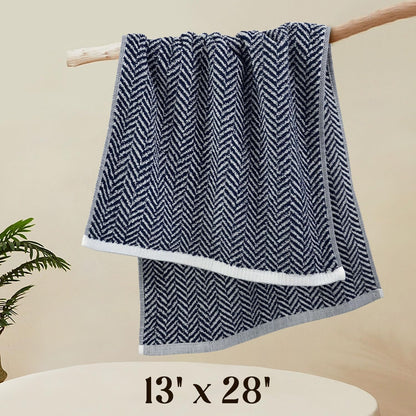 Hand Towels for Bathroom with Decorative Herringbone Stripes, 100% Cotton, 13 X 28 Inches, Navy-Blue and White, 2 Pack