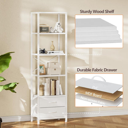 5-Tier Corner Shelf with 2 Storage Drawers, Tall Wood Display Bookcase and Organizer Unit for Living Room and Bedroom, Metal Frame (White)