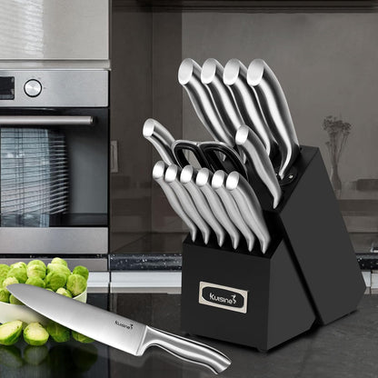 Sharp Knife Set,One-Piece Molding,Sharper Blade Ergonomic Non-Slip Steel Handle,Block Knife Set Chef Knife Set with Built-In Sharpener(Black,15Pcs)