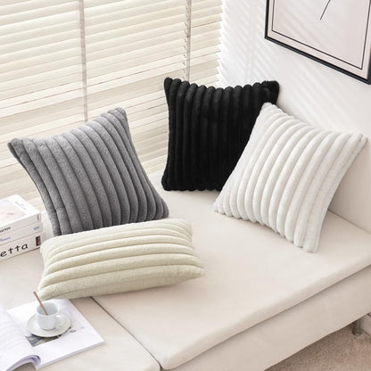 Faux Fur Plush Decorative Throw Pillow Covers Set of 2 Luxury Soft Fluffy Striped Pillowcases Cushion for Sofa Couch Bed Living Room Black 18X18 Inch