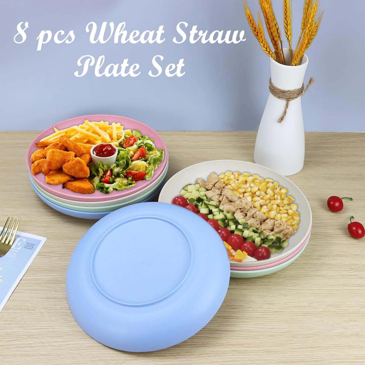 Set of 8 Microwave and Dishwasher Safe Wheat Straw Deep Dinner Plates - 9 Inch in 4 Colors (Fresh Light)