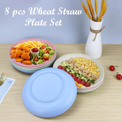 Set of 8 Microwave and Dishwasher Safe Wheat Straw Deep Dinner Plates - 9 Inch in 4 Colors (Fresh Light)