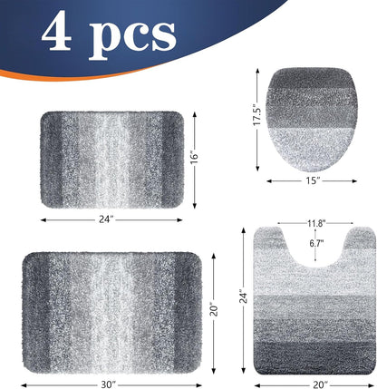 Bathroom Rugs Sets 4 Piece, Soft Microfiber Absorbent Bath Mat, U-Shaped Contour Toilet Mat and Toilet Lid Cover, Quick Dry, Machine Washable, Toilet Cover and Rug Set for Bathroom, Grey