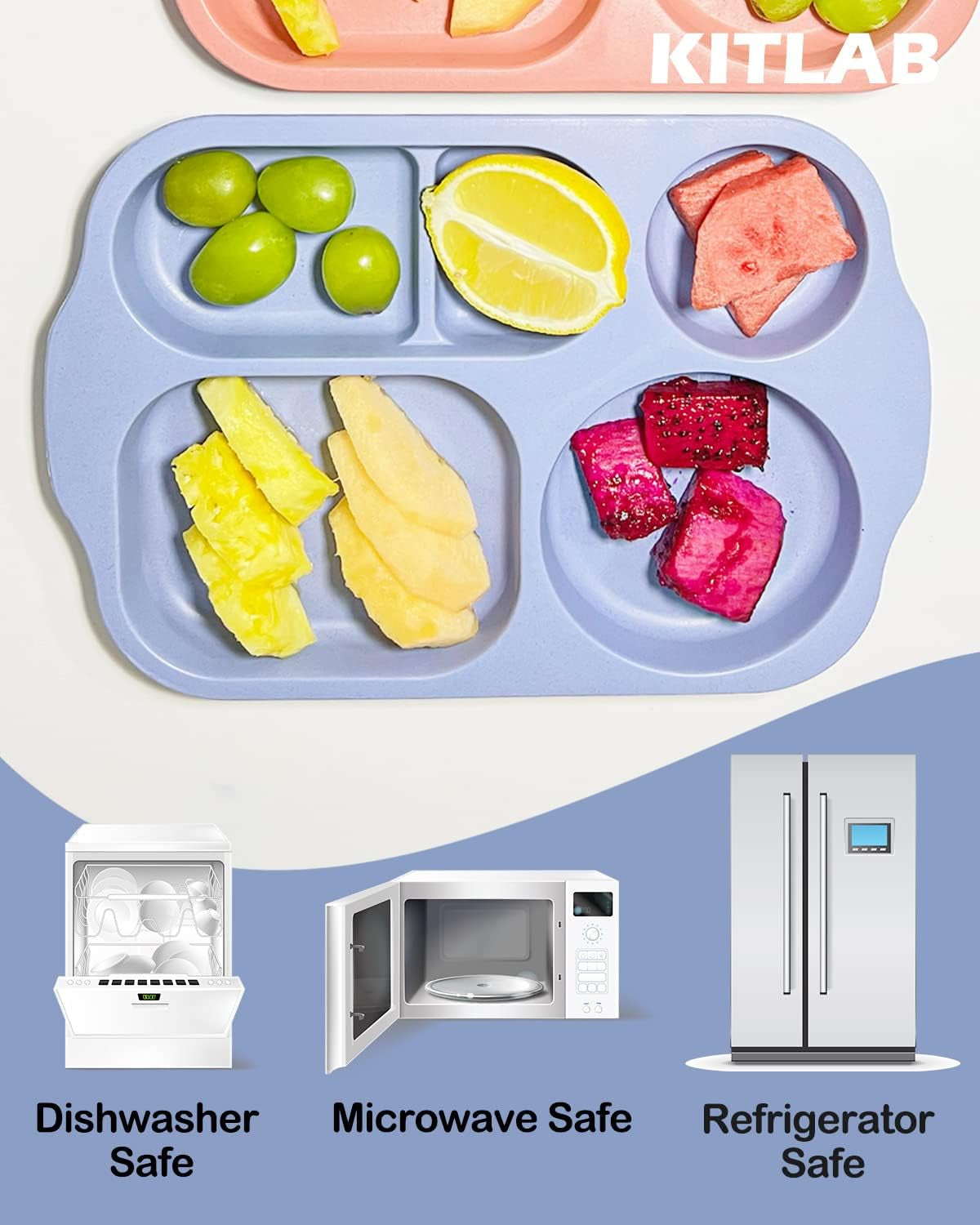 Unbreakable Divided Plates, 4 Pack Wheat Straw Tray, Large Fast Food Tray for Toddlers Adults Kids Children, Lightweight Plates, Dishwasher and Microwave Safe