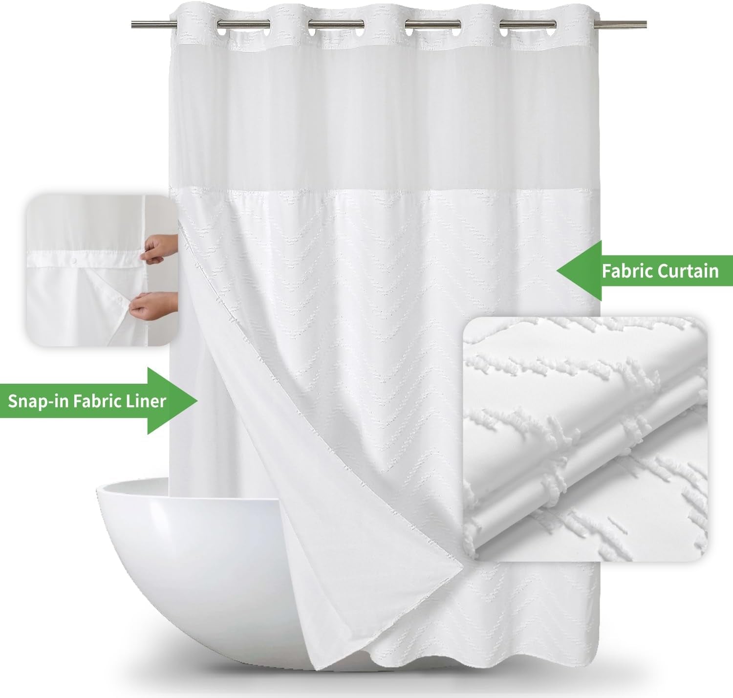 No Hook Tufted Chevron Striped Shower Curtain with Snap-In Fabric Liner Set-71Wx74H,Hotel Grade,Boho Style Waterproof Shower Curtain with See through Top Window,White