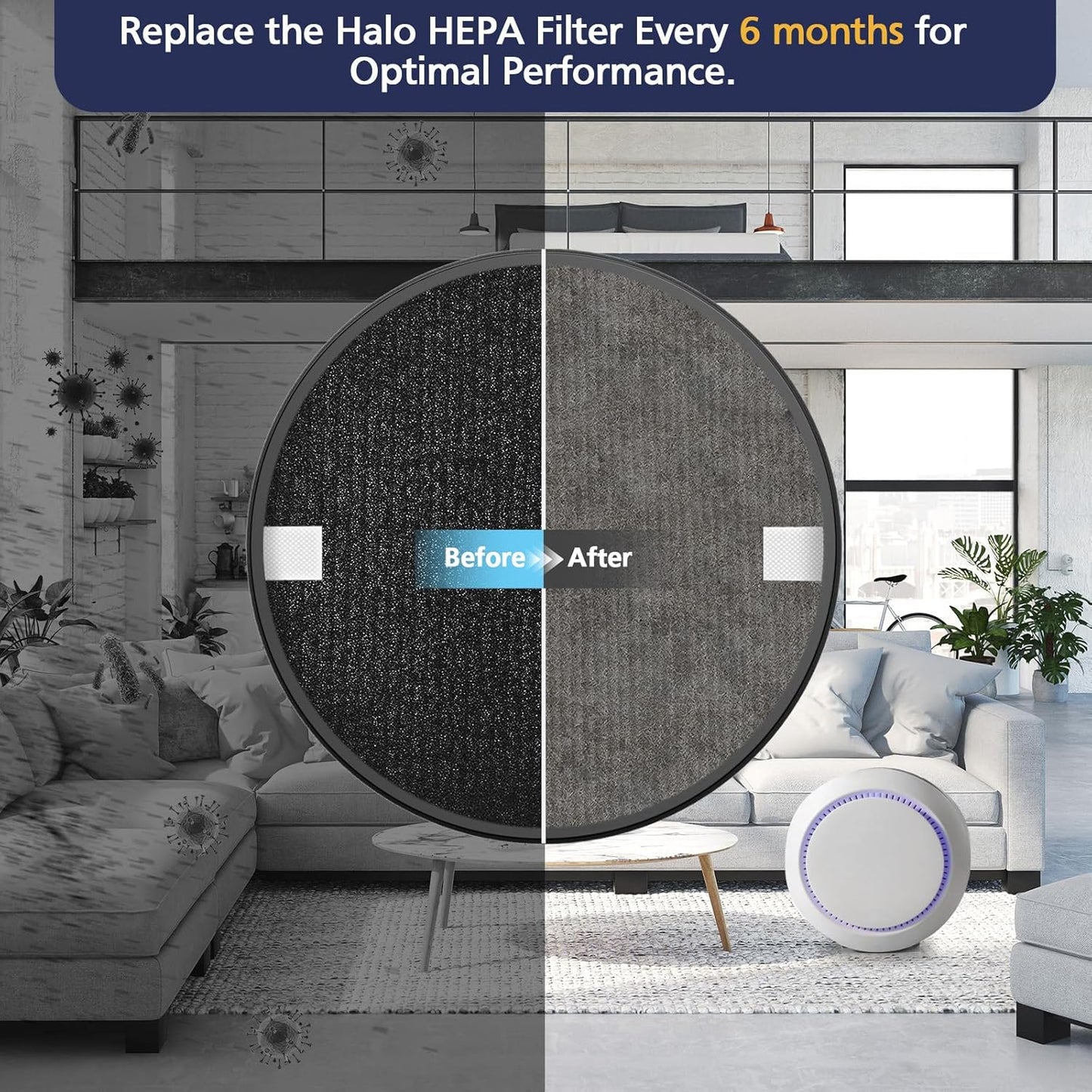 4 Pack Halo HEPA Replacement Filter, Compatible with Pure Enrichment Purezone Halo Air Puri-Fier Model PEAIRDSK, 2-In-1 HEPA Filters and Activated-Carbon Pre-Filters