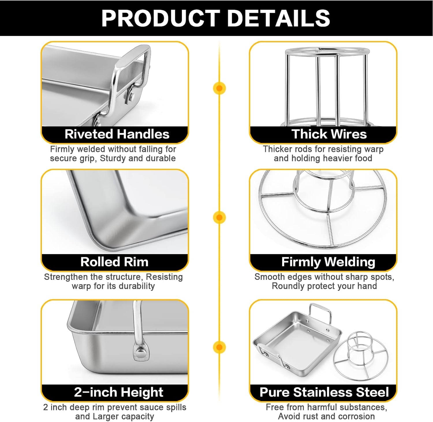 Beer Can Chicken Holder with Roasting Pan Set, 9-Inch Stainless Steel Square Baking Pan and Chicken Rack for Grilling, Heavy Duty & Dishwasher Safe, 2Pcs