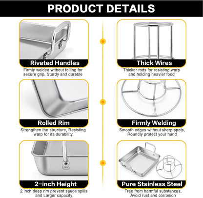 Beer Can Chicken Holder with Roasting Pan Set, 9-Inch Stainless Steel Square Baking Pan and Chicken Rack for Grilling, Heavy Duty & Dishwasher Safe, 2Pcs