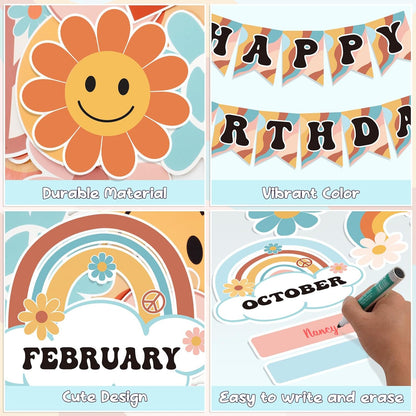 85Pcs Retro Classroom Happy Birthday Buletin Boards Set, Groovy Rainbow Theme Chart Calendar Posters with Glue Point for Kindergarten Prechool Wall Decorations