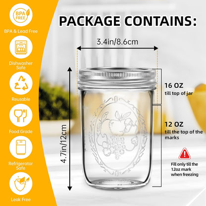 Wide Mouth Mason Jars 16 Oz with Lids [2 Pack], Canning Jars with Metal Airtight Lids and Bands, 16 Oz Glass Jars for Fermenting, Pickling, Freezing, Preserving, Meal Prep, Jar Décor