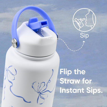 32 Oz Stainless Steel Insulated Water Bottle with Flip Straw and Handle, Leak-Proof, Reusable, Wide Mouth Design for Travel, Gym, and School (Breeze Blue Bow)