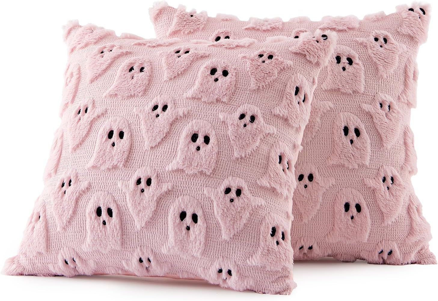 Halloween Decorative Pillow Covers - Set of 2 Soft Plush Faux Fur Ghost Design Cushions for Couch, Sofa, Bed, and Porch - 18x18 Inch Pink