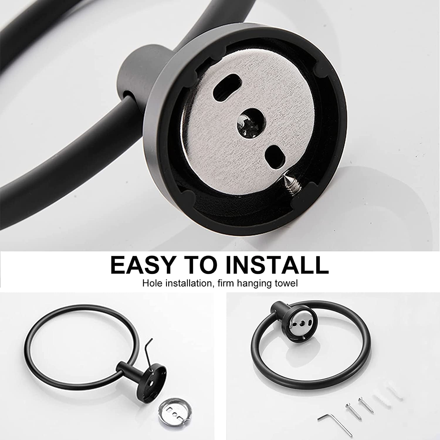 Towel Holder for Bathroom Wall Matte Black Towel Ring & 4 Packs Towel Hooks for Bathrooms 304 Stainless Steel Bathroom Shower Towel Hook