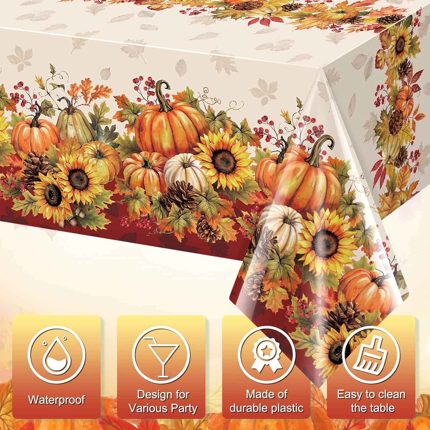 3 Pack 108X54 Inch Fall Tablecloths, Sunflower Pumpkin Tablecloth,Plastic Disposable Rectangle Table Cover for Autumn Harvest Thanksgiving Halloween Party Decorations