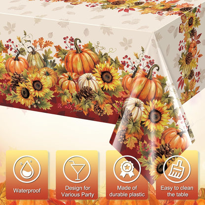3 Pack 108X54 Inch Fall Tablecloths, Sunflower Pumpkin Tablecloth,Plastic Disposable Rectangle Table Cover for Autumn Harvest Thanksgiving Halloween Party Decorations