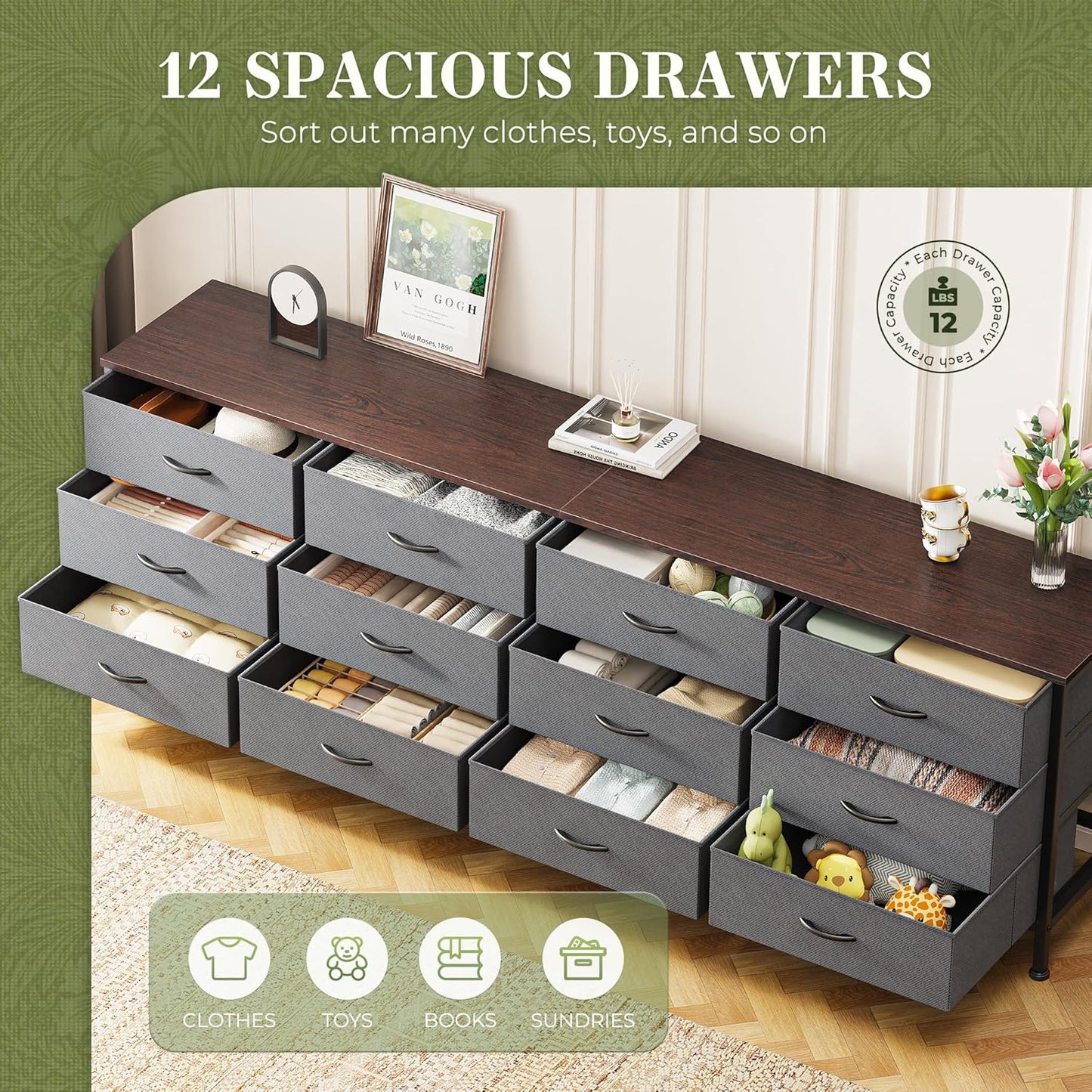 70-Inch Dark Grey Dresser and TV Stand for 65-80 Inch TVs, 12-Drawer Storage Organizer Unit for Bedroom and Living Room