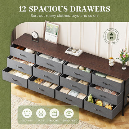 70-Inch Dark Grey Dresser and TV Stand for 65-80 Inch TVs, 12-Drawer Storage Organizer Unit for Bedroom and Living Room