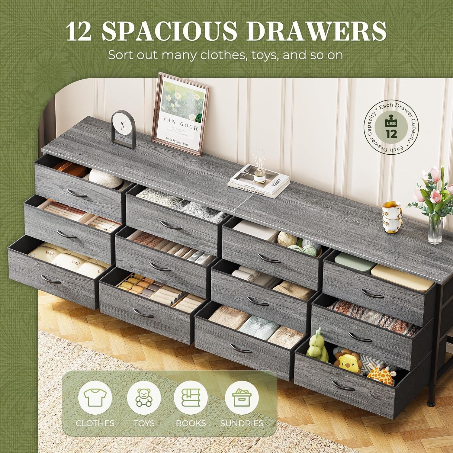 70-Inch Grey Dresser and TV Stand for 65 to 80 Inch TVs with 12 Fabric Drawers, Large Storage Organizer for Bedroom and Living Room