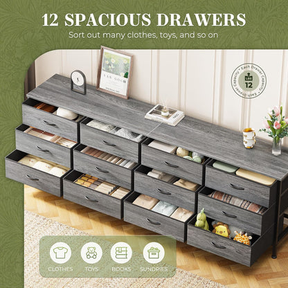 70-Inch Grey Dresser and TV Stand for 65 to 80 Inch TVs with 12 Fabric Drawers, Large Storage Organizer for Bedroom and Living Room