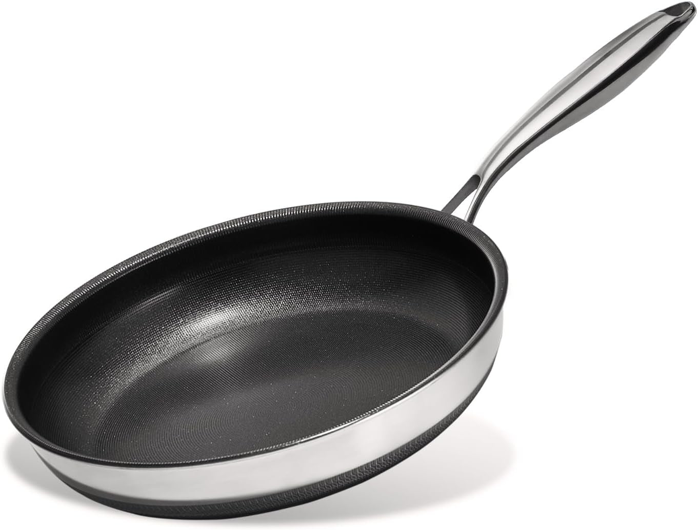Non Stick Frying Pans without Lid, 8" Titanium Ceramic Pan Nonstick Stainless Steel Skillet, PFAS PFOA & PTFE Free, Quick-Cool Handle, Dishwasher & Oven Safe, Compatible with All Cooktops
