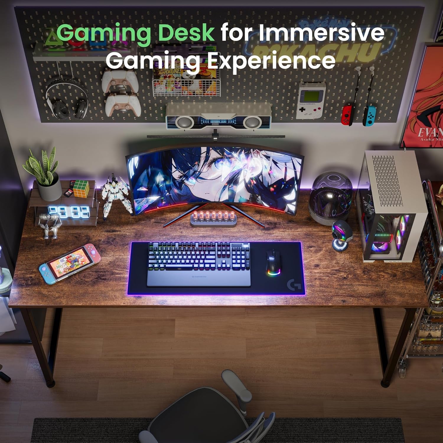 55-Inch Modern Home Office Desk with Sturdy Metal Frame and Ample Legroom, Rustic Brown Finish, Ideal for Gaming and Writing