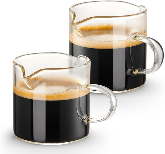 Espresso Cups Set of 2, 4 OZ Double Spouts Cups, Shot Glasses, Milk Cup with Handle, Clear Glass, Espresso Accessories for Machine, Small