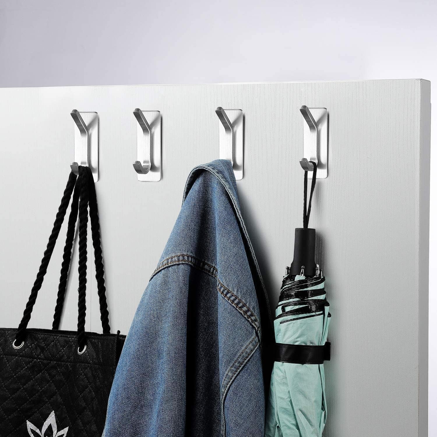 Stainless Steel Adhesive Towel Hooks - 4-Pack Wall Hooks for Coats, Robes, and Towels for Bathroom and Kitchen Use