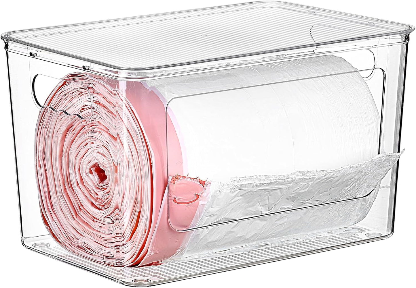 1 Pack Trash Bag Holder, Stackable Garbage Bag Dispenser for 13/30/33 Gallon Bags, Clear Organizer Bins for under Kitchen Sink, Laundry Room Organization and Storage