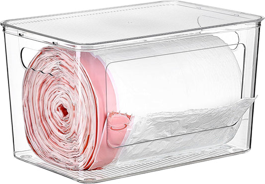 1 Pack Trash Bag Holder, Stackable Garbage Bag Dispenser for 13/30/33 Gallon Bags, Clear Organizer Bins for under Kitchen Sink, Laundry Room Organization and Storage