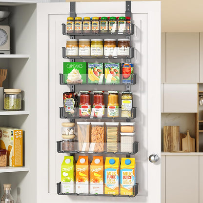 Adjustable over the Door Pantry Organizer with Clear Acrylic Panel, 6-Tier Pantry Organization and Storage for Kitchen, Hanging Spice Rack Seasoning Shelves for Cabinet, Easy Install, Black