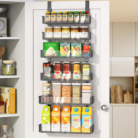 Adjustable over the Door Pantry Organizer with Clear Acrylic Panel, 6-Tier Pantry Organization and Storage for Kitchen, Hanging Spice Rack Seasoning Shelves for Cabinet, Easy Install, Black