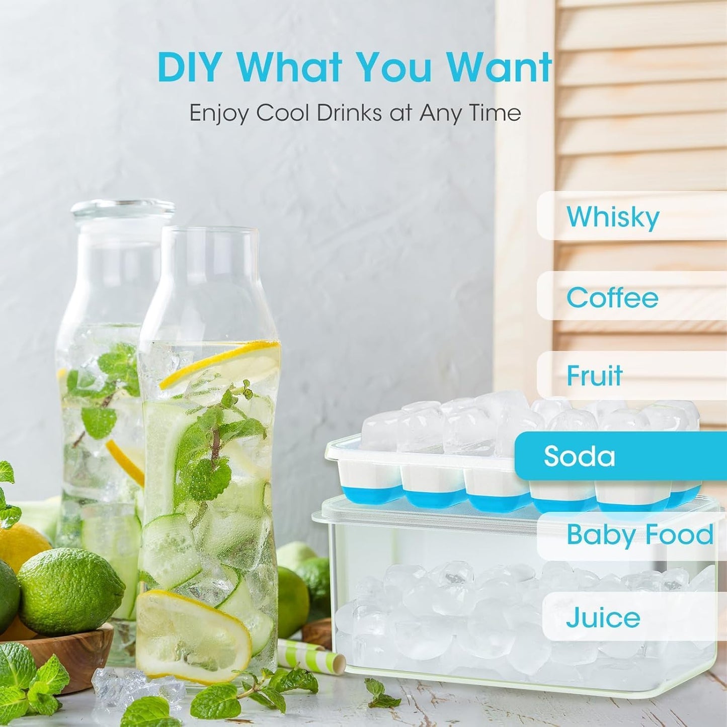 Ice Cube Tray with Lid and Bin, 4 Pack Silicone Plastic Ice Cubes Trays for Freezer with Box/Container, Stackable with Storage Iced Bucket Kits, Scoop, for RV, Soup, Food, Cocktail, Coffee