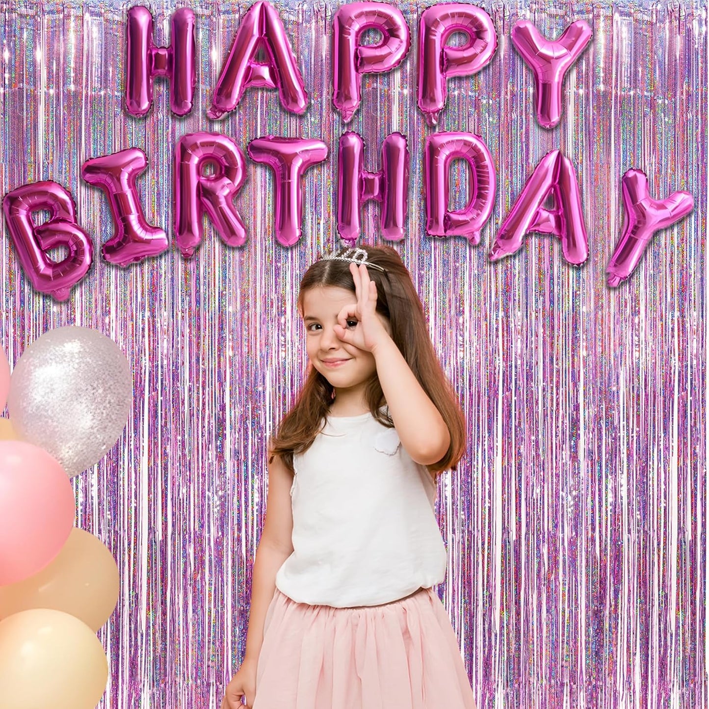 Pink Tinsel Curtain with Rose Pink Banner