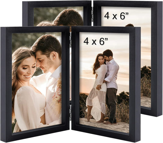Set of Two 4x6 Double Hinged Folding Picture Frames with Glass Stand (Black)