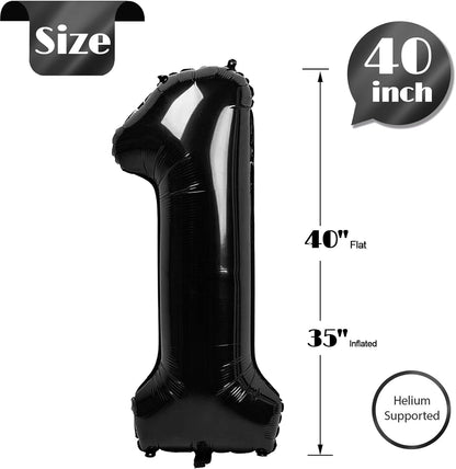 1 Number Balloon for First Birthday, 40 Inch Black One 1St Number Balloon Birthday Decorations for Girl Boy Toddler Baby, 10Th 21St, Giant Number 1 Balloon