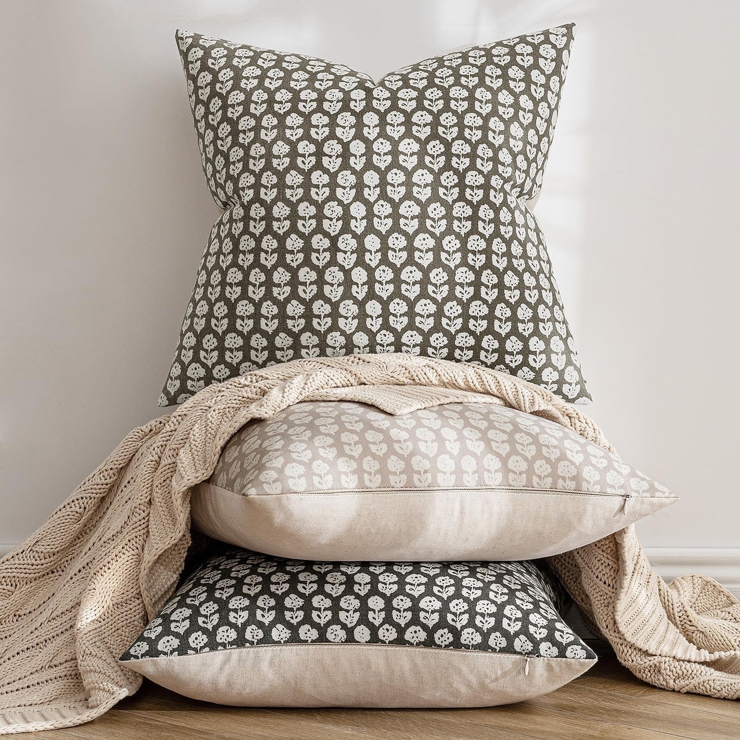 Set of 2 Vintage Floral Block Print Pillow Covers, 20x20 Inches, Neutral Linen Farmhouse Cushion Cases for Living Room Sofa, Light Taupe