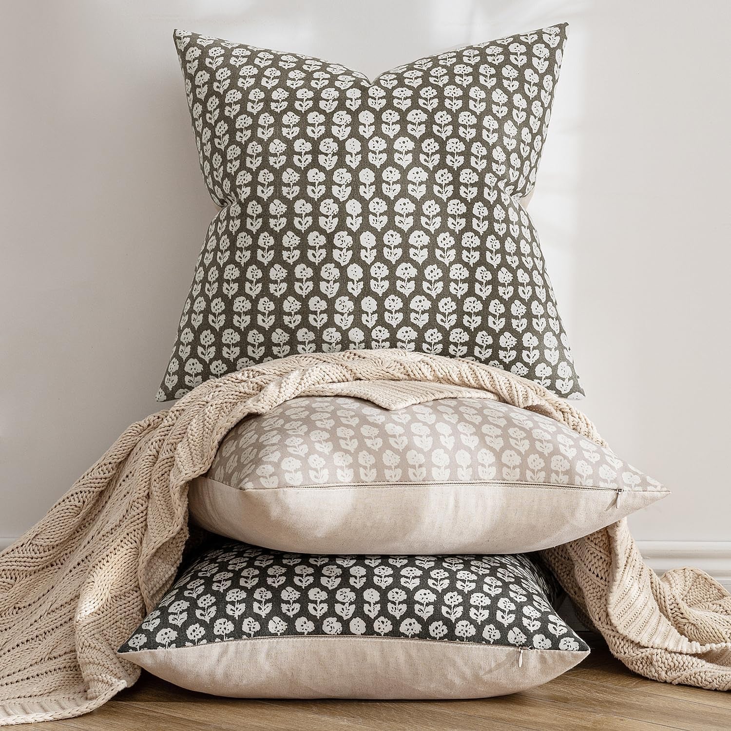 Set of 2 Vintage Floral Block Print Pillow Covers, 20x20 Inches, Neutral Linen Farmhouse Cushion Cases for Living Room Sofa, Light Taupe