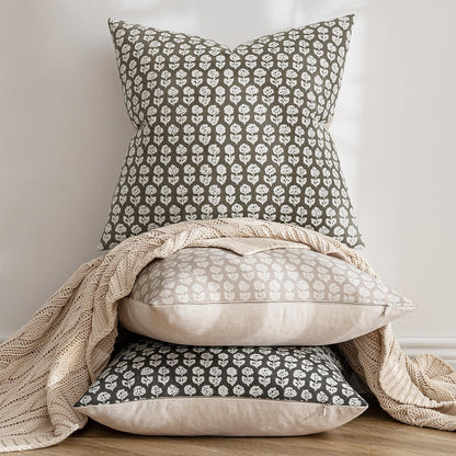 Set of 2 Vintage Floral Block Print Pillow Covers, 20x20 Inches, Neutral Linen Farmhouse Cushion Cases for Living Room Sofa, Light Taupe