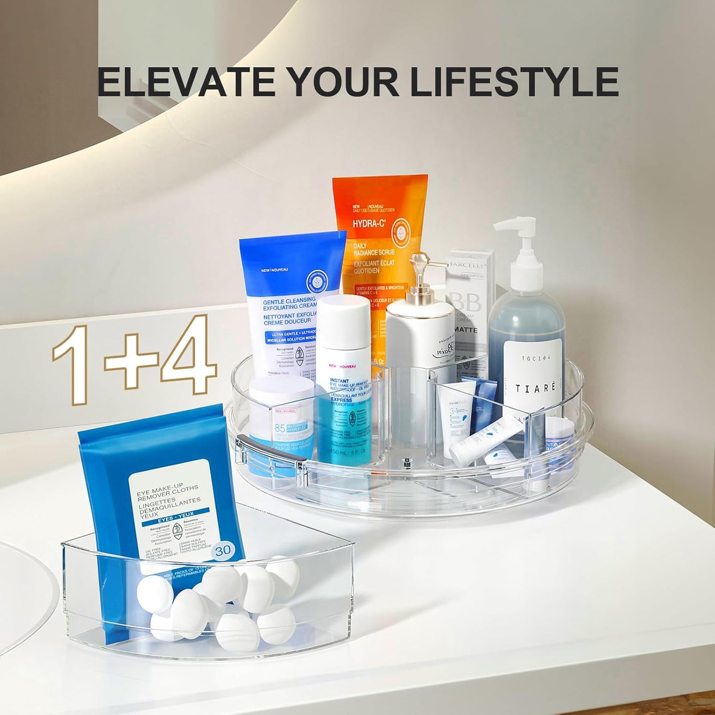 2 Pack Lazy Susan Turntable Organizer for Cabinet with 4 Removable Bins 10.6'' Rotating Condiment Snack Organizer Storage for Kitchen Pantry, Fridge, Bathroom, Medicine Cabinet Organizer