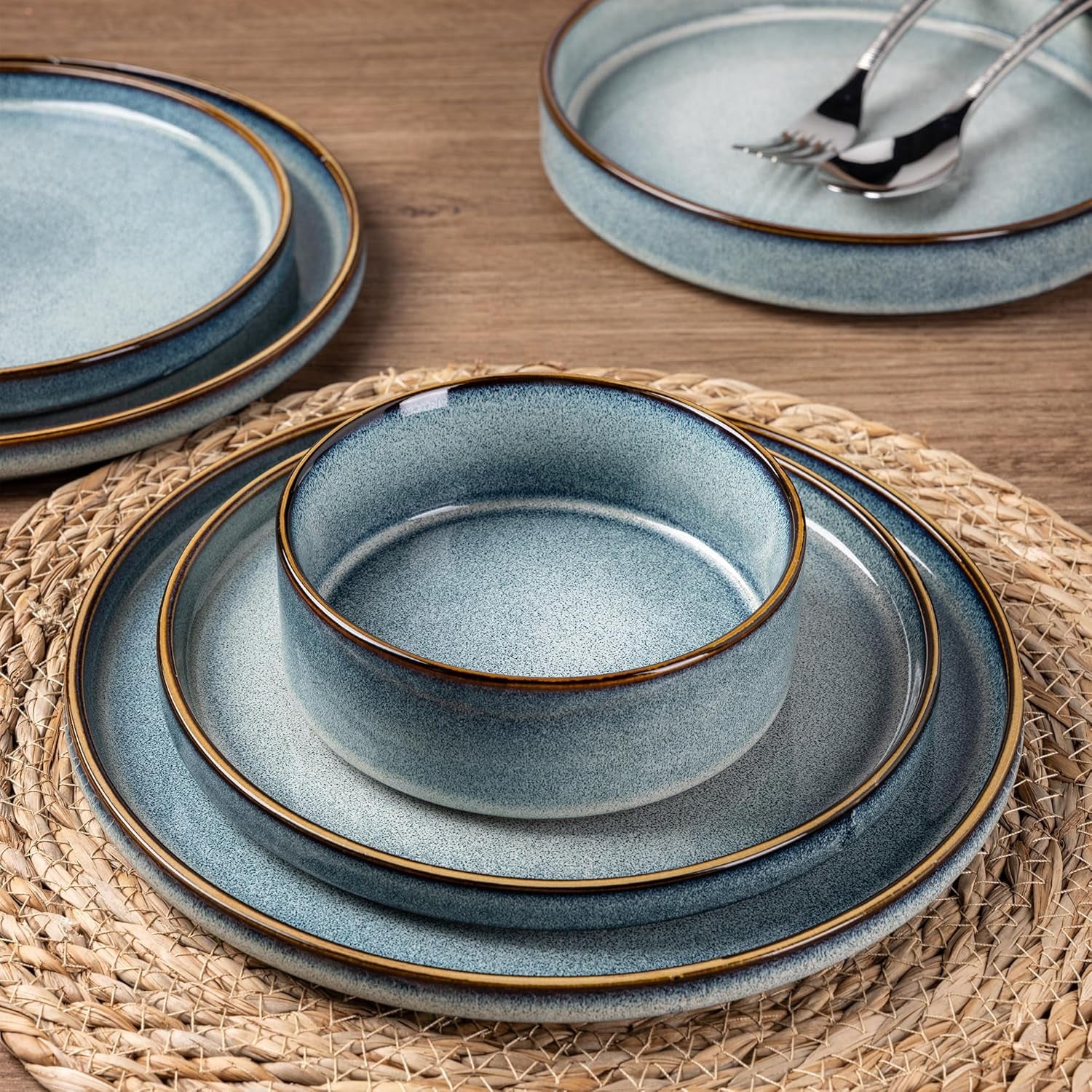Ceramic Dinnerware Set for Four, 12-Piece Stoneware Plate and Bowl Collection, Reactive Glaze Finish - Scratch Resistant, Dishwasher and Microwave Safe