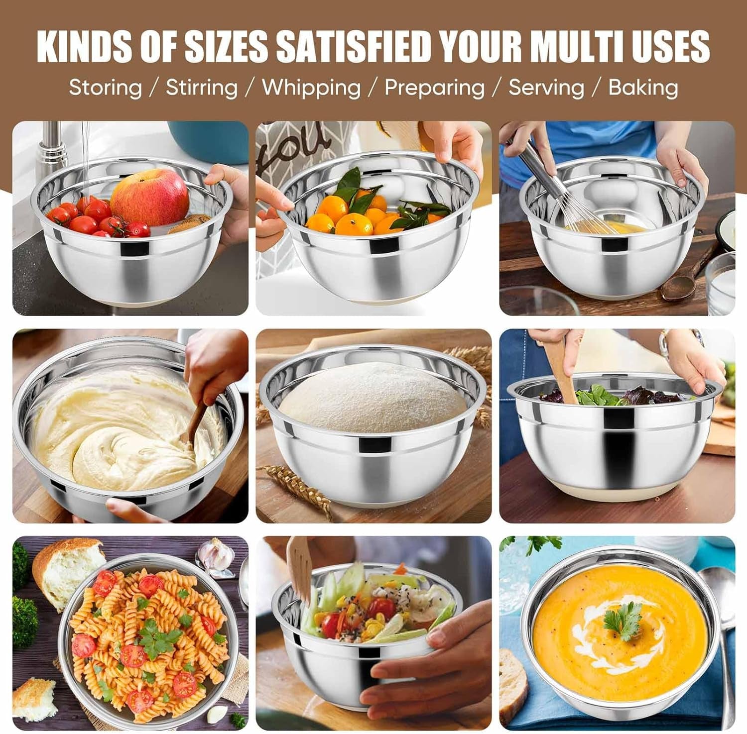 Mixing Bowls with Lids Set of 5, Stainless Steel Nesting Salad Bowl with Lid & Base for Non-Slip Mixing Prepping Storing Serving, 5 Sizes-7/3.5/2.5/1.5/1 QT, Khaki