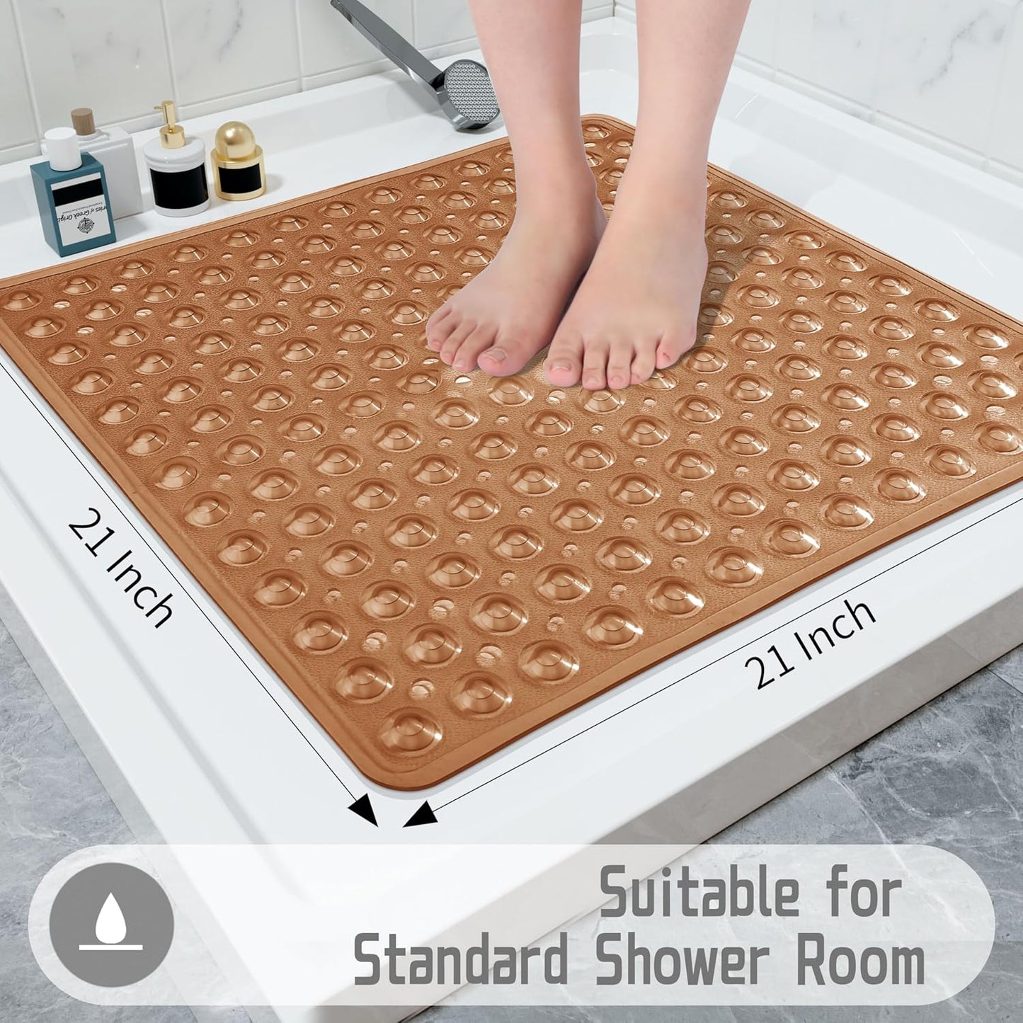 Shower Stall Mat Non Slip, 21X21 Inch, Soft Square Bath Mat for Shower with Suction Cups and Drain Holes, Stall Floor Mats for Bathroom, Machine Washable, Bathroom Accessories,Clear Brown