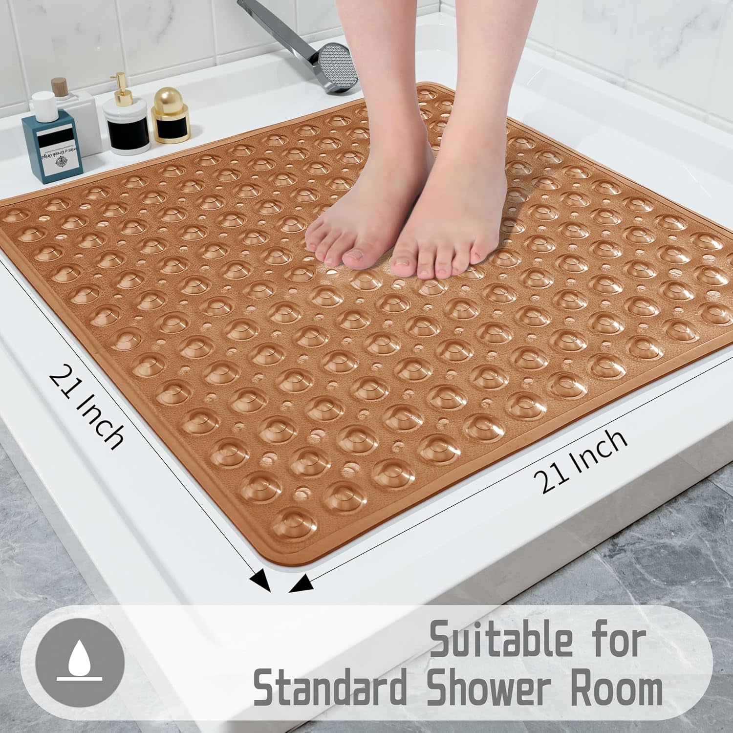 Shower Stall Mat Non Slip, 21X21 Inch, Soft Square Bath Mat for Shower with Suction Cups and Drain Holes, Stall Floor Mats for Bathroom, Machine Washable, Bathroom Accessories,Clear Brown
