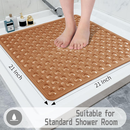 Shower Stall Mat Non Slip, 21X21 Inch, Soft Square Bath Mat for Shower with Suction Cups and Drain Holes, Stall Floor Mats for Bathroom, Machine Washable, Bathroom Accessories,Clear Brown