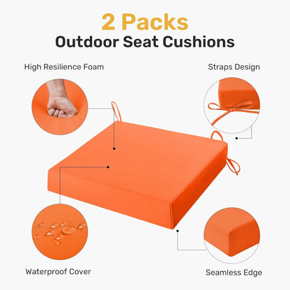 Outdoor Chair Cushions Pack of 2, Water Resistant Patio Cushions with Ties, High Density Sponge Filling Square Corner Seat Cushions for Outdoor Furniture, 24"*24"*4", Orange