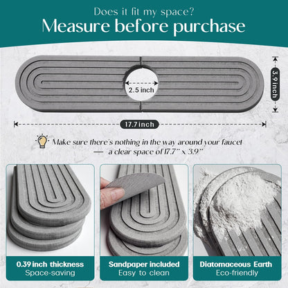 Kitchen Faucet Mat - Diatomite Splash Guard for Sink, Quick-Drying Water Absorbing Stone Tray [Grey, 17.7" X 3.9"]