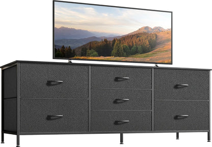Bedroom Dresser and TV Stand Combo, 55-Inch Unit for 43-60 Inch TVs, Long Fabric Storage Solution with 7 Drawers, Black