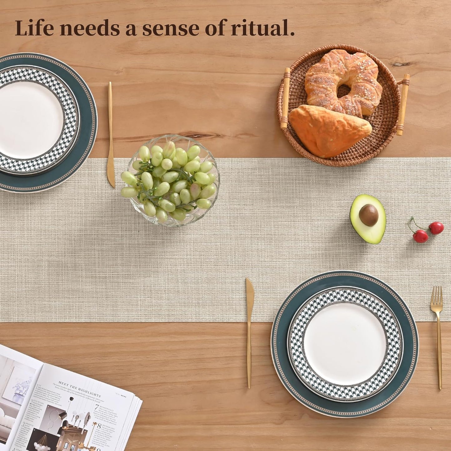 Beige Table Runner and Placemats Set of 5, Heat Resistant Non-Slip Place Mats for Dining Table, Washable Durable PVC Vinyl Woven Table Runner Set