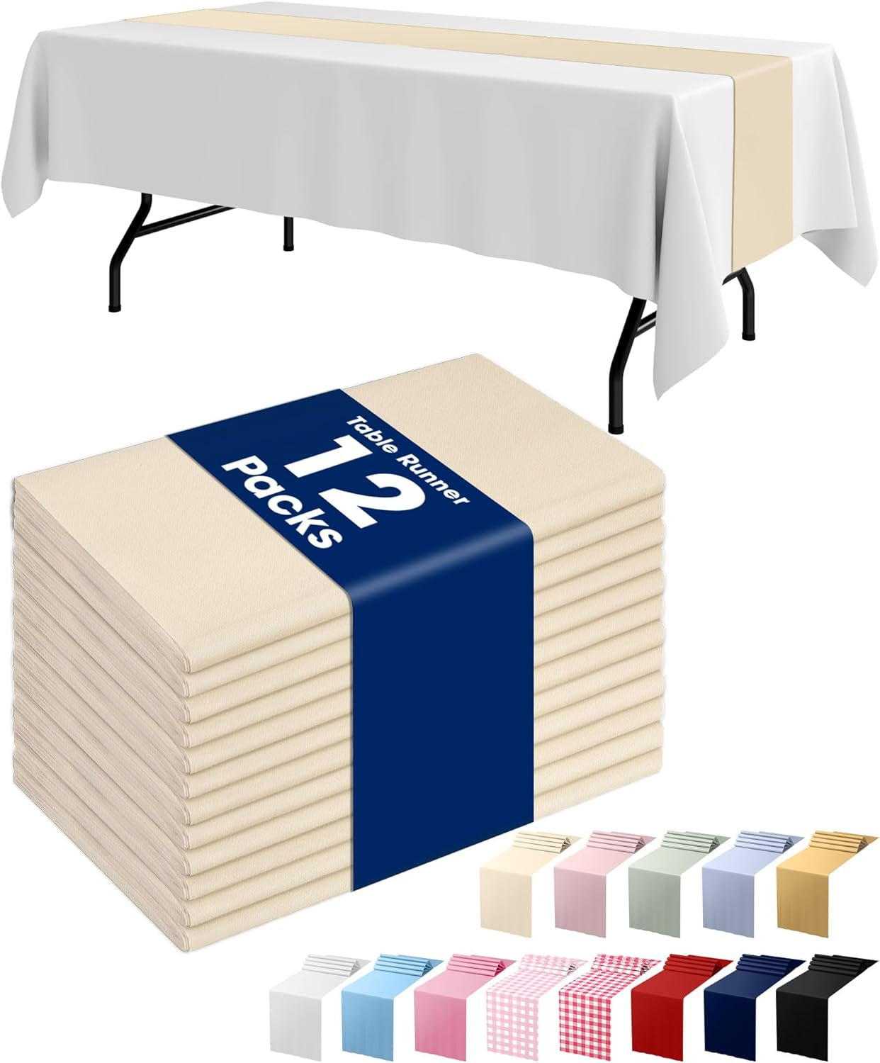 Ivory Plastic Table Runners - 12 Pack, 14'' X 108'', Water Resistant & Disposable Cream Centerpiece Decorations for Table Cloth, Wedding, Birthday, Holiday, Baby Shower, Beige Home Decor