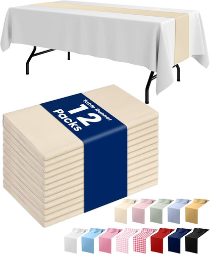 Ivory Plastic Table Runners - 12 Pack, 14'' X 108'', Water Resistant & Disposable Cream Centerpiece Decorations for Table Cloth, Wedding, Birthday, Holiday, Baby Shower, Beige Home Decor